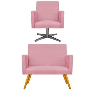 Imagem de Kit Namoradeira e Poltrona Beatriz Base Giratória de Metal Suede Rosa 