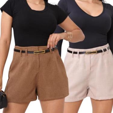 Imagem de Kit 2 Short Feminino Linho Alfaiataria Com Cinto E Bolso - Thiá Store,