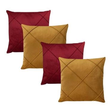 Imagem de Kit 4 Capas para Almofada em Veludo Drapeada Quadrada Mostarda e Bordo