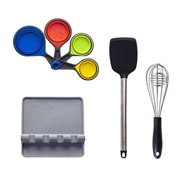 Imagem de Simply Served Batedor, espátula, descanso de utensílios e copos de medição, conjunto de utensílios de cozinha, padrão, pacote variado