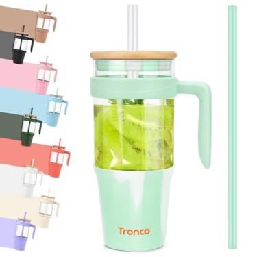 Imagem de Copo de vidro Tronco 1,2 l, com alça, canudo e tampa de bambu, garrafas de água, cabe no porta-copos, copo para café gelado e smoothie, sem BPA, próprio para lava-louças (verde-claro mesclado)