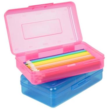 Imagem de DANRONG Caixa de lápis de plástico, pacote com 2, estojo de lápis de grande capacidade, caixas de lápis de cor para crianças e adultos, caixa de armazenamento de giz de cera rígido com tampa de