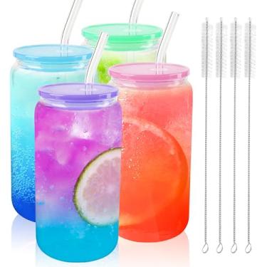 Imagem de Joyclub 4 peças de copos de vidro com tampas de acrílico e canudos de 473 ml, copos de café gelado em forma de lata com tampas e canudos, copos fofos para smoothie whisky boba refrigerante chá