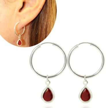 Imagem de Brinco Argola Pingente Gota Zirconia Vermelho Prata Legitima - Lojas L