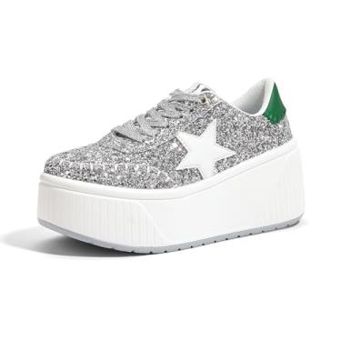 Imagem de LUCKY STEP Tênis feminino plataforma, grosso, moderno, com glitter, cunha, brilhante, salto alto, casual, brilhante, sola grossa, Glitter prateado, 37