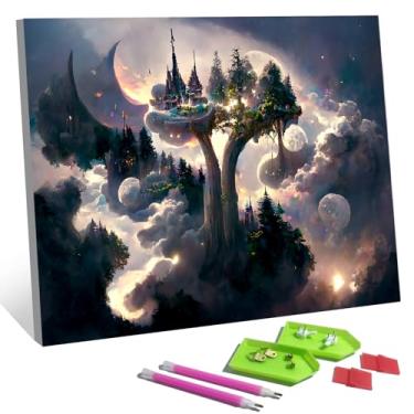 Imagem de Meow Love Kit de pintura 5D de diamante DIY com tela emoldurada (não é necessário instalar a moldura), arte original. Fácil fabricação e pendurar na parede. (Dream World, 15,8 x 11,20 cm)