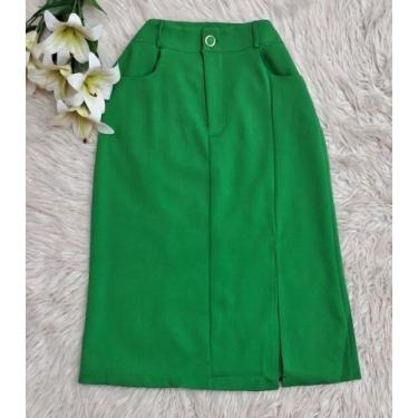 Imagem de MODAS DOMI Saia Midi Alfaiataria Com Fenda Lateral 0125, Verde bandeir