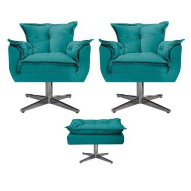 Imagem de Kit 02 Poltronas e Puff Opala Base Giratória de Metal Suede Azul Turqu