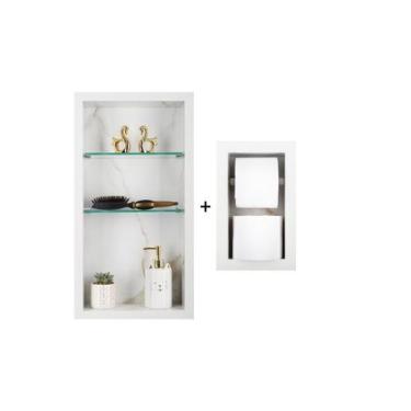Imagem de Nicho Em Porcelanato Com Prateleira De Vidro Para Banheiro E Porta Pap