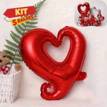 Imagem de Kit Balão Metalizado Coração Vazado Vermelho 60cm, Balão Coração, 5 Un