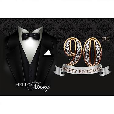 Imagem de DORCEV Pano de fundo masculino de smoking de 3 x 2,4 m, decoração de festa de aniversário de 90 anos, luxuosa, preto, dourado, feliz aniversário de 90 anos, camisa branca, decoração de terno,