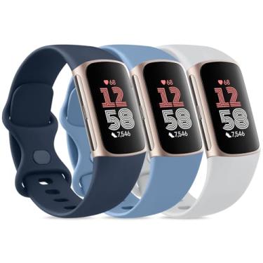 Imagem de Pacote com 3 pulseiras esportivas para Fitbit Charge 6/Charge 5 para Fitbit Charge 6/Charge 5 (azul marinho + azul inverno + cinza claro, P)