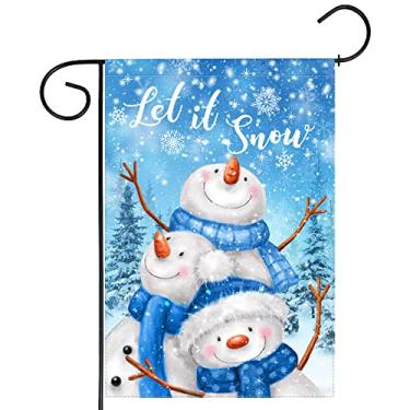 Imagem de Funnytree Let it Bandeira de jardim de boneco de neve azul para caixa de correio externa vertical bem-vindo feliz Natal inverno floresta nevada placa de quintal interior exterior decoração de gramado dupla face lavável 30,5 cm x 45,7 cm