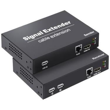 Imagem de LornCeng Extensor USB HDMI KVM sobre cabo Cat5e/6/7 até 120 m, suporte a todos os sistemas, Plug and Play, com 2 portas USB para teclado e mouse