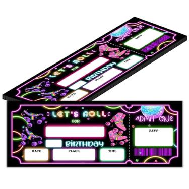 Imagem de heiyihe Convite de aniversário Let's Roll Skate com envelopes - 20 cartões de convite de ingressos de patins para meninos amantes de patinação - Cartões de aniversário neon - lembrancinha de festa e