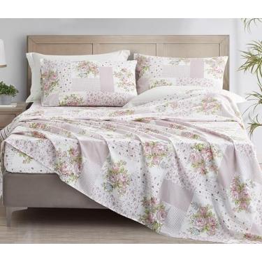 Imagem de Chezmoi Collection Jogo de cama Queen Rosy de 4 peças floral patchwork de algodão - Marfim verde rosa flor bolinhas floral patchwork estampado 100% algodão lençóis de cama