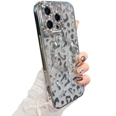 Imagem de ZONRW Capa magnética para iPhone 16 Pro Max, macia, fofa, luxuosa, estampa de guepardo, com glitter, brilhante, compatível com MagSafe, capa traseira transparente à prova de choque para mulheres