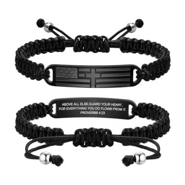 Imagem de TempBeau Pulseira de cruz masculina - corrente de aço inoxidável com versículo bíblico preto com bandeira americana, ideias de presente de aniversário, confirmação de primeira comunhão, batismo,