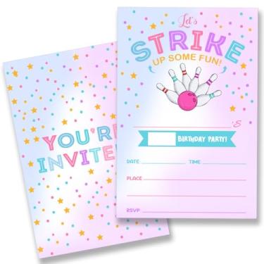 Imagem de QZJ Artigos de convites de festa de aniversário de boliche com envelopes conjunto de 20 convites de aniversário divertidos Let's Strike Up Some para meninas Preencha em branco, dupla face