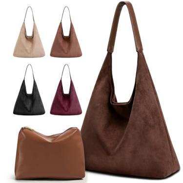 Imagem de Conjunto de bolsa de couro vegano de 2 peças para mulheres: bolsa de ombro despojada Hobo e bolsa de camurça, Café, Hobo Bag: 16"x14"x5", Tote Bag: 9"x7"