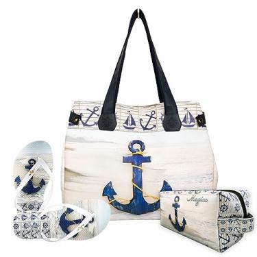 Imagem de Kit Praia Feminino Âncora Azul Marinho com Bolsa, Necessaire e Chinelo, Magicc KIT-190