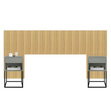 Imagem de Cabeceira Casal Queen e King Adesiva Ripado Com 2 Mesas de Cabeceira S