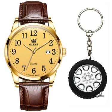 Imagem de Kit Relógio Dourado Analógico Masculino Olevs + Chaveiro Trena