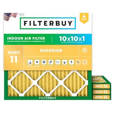Imagem de Filterbuy Filtro de ar 10x10x1 MERV 11 Defesa alergênica (pacote com 4), substituição de filtros de ar de forno CA HVAC plissado (tamanho real: 9.50 x 9.50 x 0.75 polegadas)
