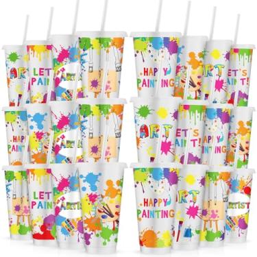 Imagem de Jenaai 24 peças de copos de plástico de 680 g com tampas e canudos, garrafa de água reutilizável, suco de café gelado, copos de smoothie para adultos arte padrão de pintura copos de plástico para
