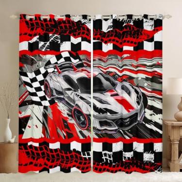 Imagem de Feelyou Cortinas de carro de corrida (2 painéis, 52 x 96 polegadas) crianças velocidade esporte roda escurecimento sonhos meninos meninas adolescentes corrida carro xadrez 30%-50% escurecimento