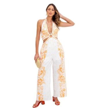Imagem de Macacão feminino gola halter decote profundo estampa tropical - Sml Fa