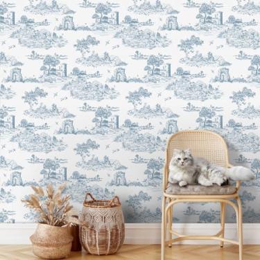 Imagem de WENMER Papel de parede Toile, papel de contato Toile de Jouy, papel de parede azul e branco, papel de contato vintage francês country para quarto, sala de estar, armário, berçário, cozinha 45 x 1000