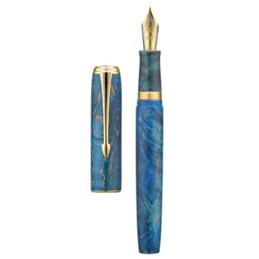 Imagem de Hongdian Caneta-tinteiro A7 de madeira estabilizada, ponta fina, entalhada em nó chinês com conversor e conjunto de caixa de metal (azul galáxia)