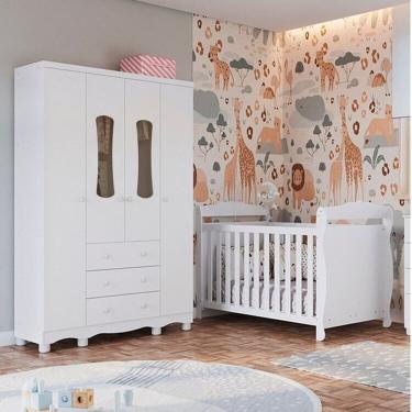Imagem de Quarto de Bebê Guarda-roupa 4 Portas com Janelas e Berço Minicama 100% Mdf Aurora Espresso Móveis Branco Brilho