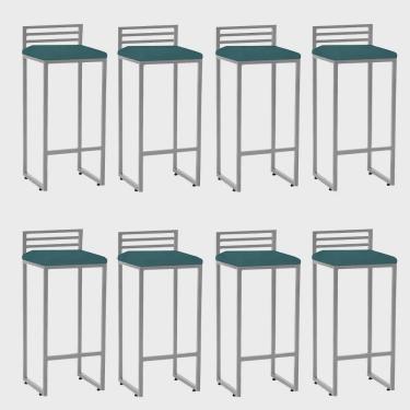 Imagem de Kit 08 Banqueta Alta Com Encosto Núria Balcão Bar Cozinha Bistrô Ferro Cinza Suede Azul Turquesa - Ahz Móveis