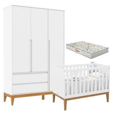 Imagem de Berço Americano Unique E Guarda Roupa 3 Portas Nature Clean Branco Soft Eco Wood Com Colchão Gazin