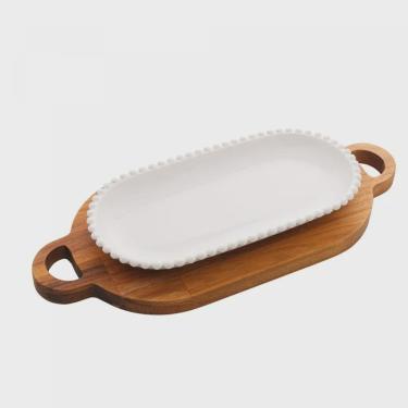 Imagem de Travessa de Porcelana Oval com Suporte de Madeira Teca 42,5x19,5x4cm WoodArt
