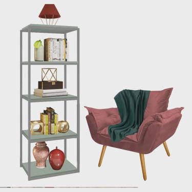 Imagem de Kit Poltrona Fatte com Manta Soft Verde e Estante Livreiro Ferro Prata mdf Verde Oliva Suede Rose Gold - Ahazzo Móveis