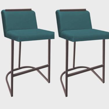 Imagem de Kit 02 Banquetas Com Encosto Ninna Bistrô Cozinha Aplique Ferro Marrom Suede Azul Turquesa - Ahazzo Móveis