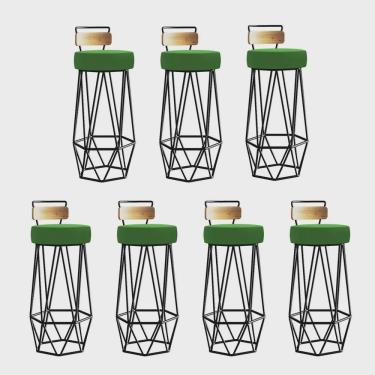 Imagem de Kit 07 Banqueta Com Encosto Botti Hexágono Cozinha Peroba Rosa Ferro Preto Corino Verde - Ahz Móveis