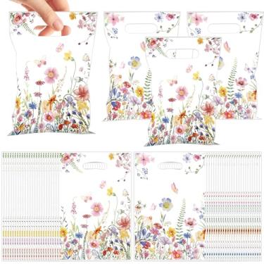 Imagem de EoBeCy 50 peças de sacolas de lembrancinhas de festa de flores silvestres, sacolas de presente de plástico floral de primavera, doces e guloseimas com alças para aniversário, casamento, casamento, chá
