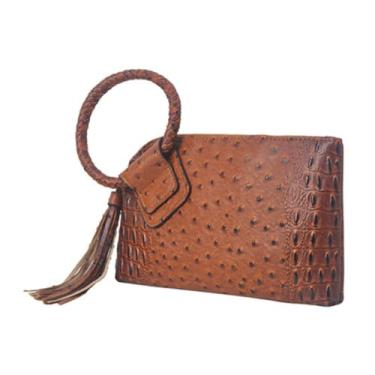 Imagem de NGIL Mini bolsa de pulso feminina, mini bolsa de couro sintético moderna com franja, carteira feminina mini bolsa de mão, Crocodilo sintético marrom