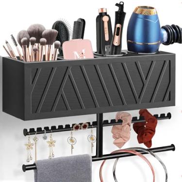 Imagem de Suporte de secador de cabelo rústico montado na parede, organizador de ferramentas e acessórios para penteados, suprimentos de banheiro e ferramentas quentes, organizador para armazenamento, chapinha