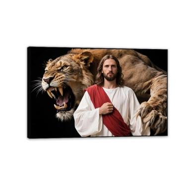 Imagem de Arte de parede em tela de Jesus e Cordeiro, Leão de Judá Jesus, pintura em tela de Jesus Cristão, Rei Leão, impressão de pôster, pintura religiosa, arte de igreja, decoração de parede, imagens 45 x 30