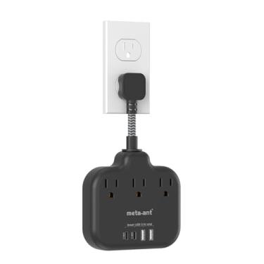 Imagem de meta-ant Cabo De Extensão Curto Plano Preto De 2 Polegadas, Filtro De Linha Curto Com 3 Tomadas E 4 Portas Usb (2 Usb-C), Sem Protetor Contra Surtos, Carregador De Mesa Suspenso Para Viagens, Dormit