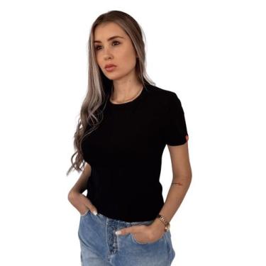 Imagem de Camiseta Feminina Baby Look Preta Básica Lisa Cotton Premium - Valansu