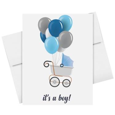 Imagem de It's A Boy! – Carrinho de bebê e balões azuis – Cartões e envelopes de chá de bebê para pais de mamãe e papai, Welcome New Baby, Parabéns, anúncios de revelação de gênero – 10 por pacote – 10 x 14 cm
