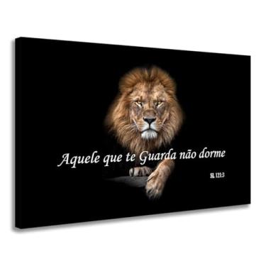 Imagem de Quadro decoração leão de judá frase aquele que te guarda não dorme quadro decorativo grande tela canva 90x60 armação de madeira