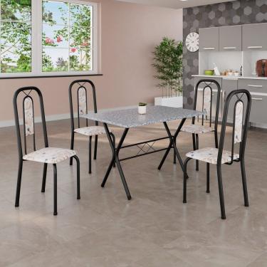 Imagem de Conjunto de Mesa Tubular 100x60cm Tampo em Granito Ocre com 4 Cadeiras Lívia Botanic Bege / Preto