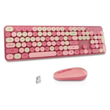 Imagem de LIZRROT Combo de teclado e mouse sem fio, teclas redondas, teclado de máquina de escrever retrô silencioso, hibernação automática, conexão sem fio de 2,4 G para PC/Windows/Mac (rosa)